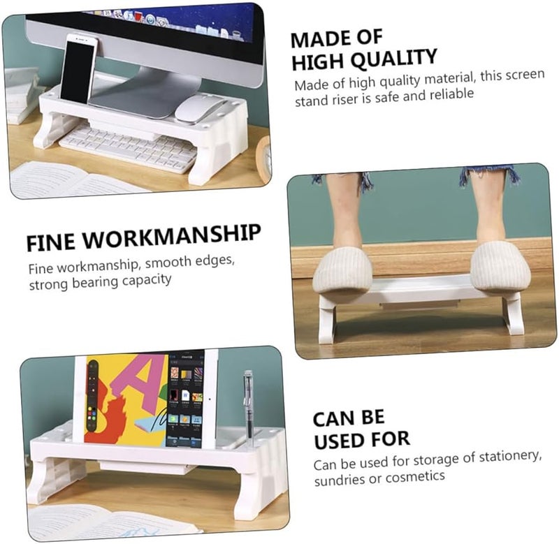 White Monitor Riser Stand Multifunctional Elevated Shelf Storage Desk for Home Office - Image 3
